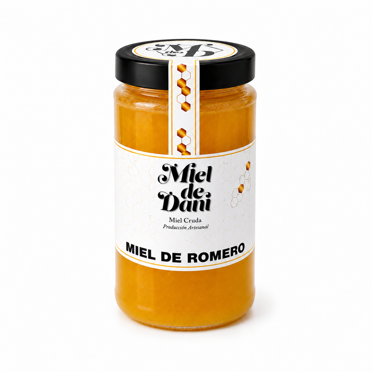 Tarro completo de miel de Romero Gourmet Mieldedani sobre fondo blanco