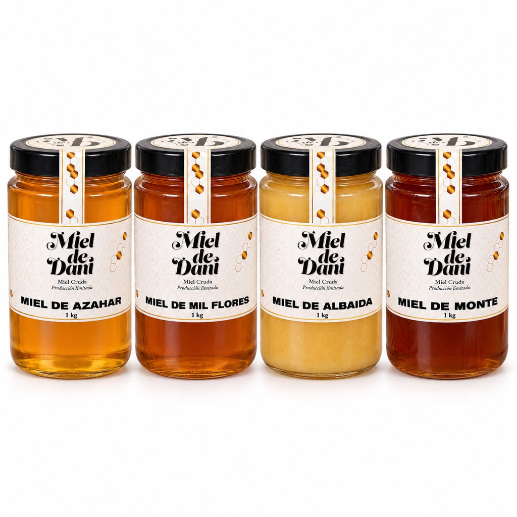 Pack de cuatro mieles Mieldedani de 1 kg: Azahar, Mil Flores, Albaida y Monte, sobre fondo blanco