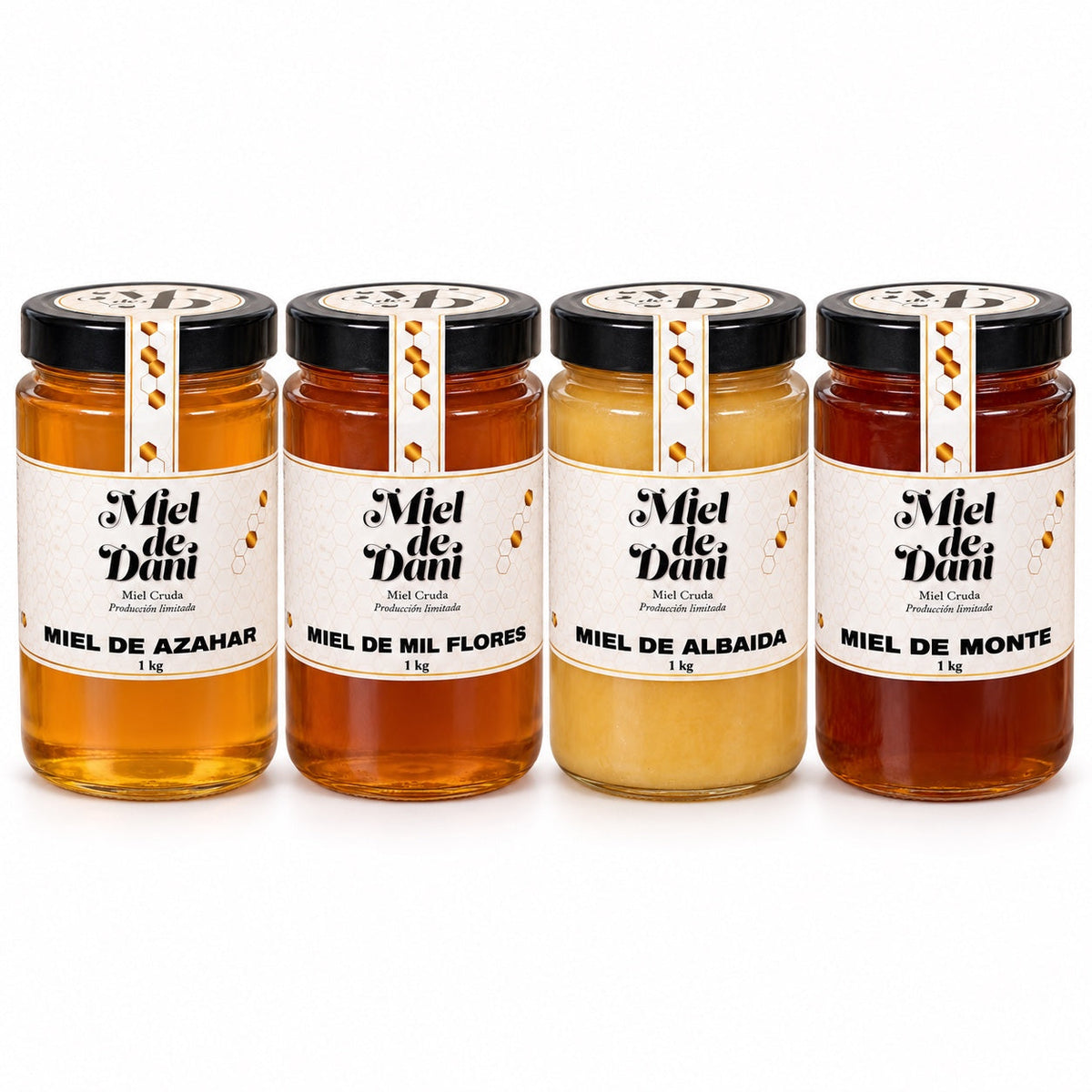 Pack de cuatro mieles Mieldedani de 1 kg: Azahar, Mil Flores, Albaida y Monte, sobre fondo blanco