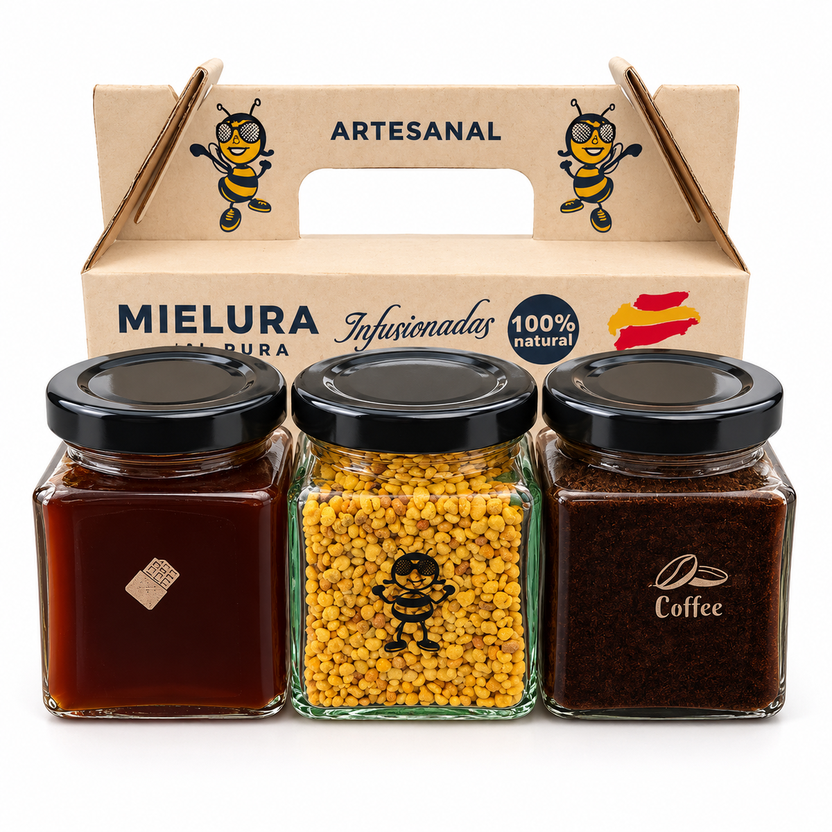 Tres tarros del pack Mielura junto a su caja